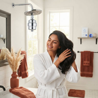 A smiling Indian woman in a modern bathroom with a 15-stage shower filter installed on the shower head.