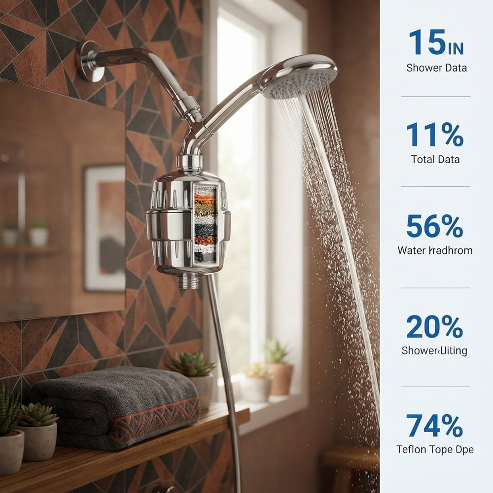 A 15-stage shower filter installed on a shower head in a modern, well-lit Indian bathroom with warm decor accents.